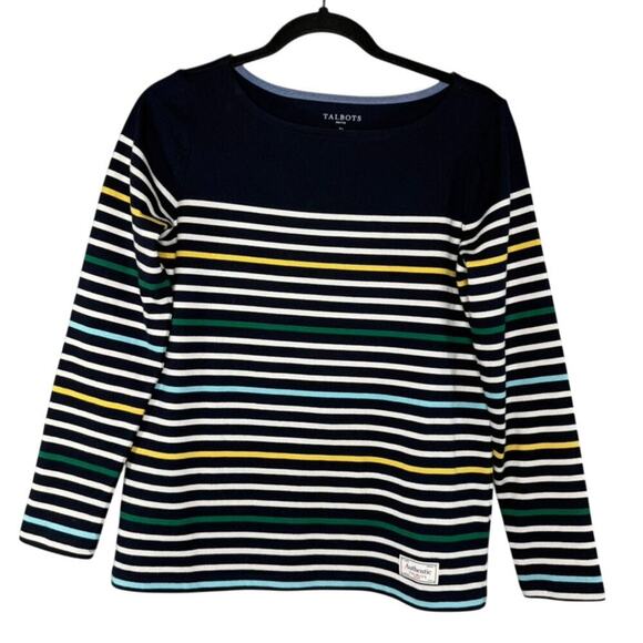 Talbots Navy Stripe Cotton Long Sleeve Tee Top - Size Small Petite - Preppy - Picture 1 of 9